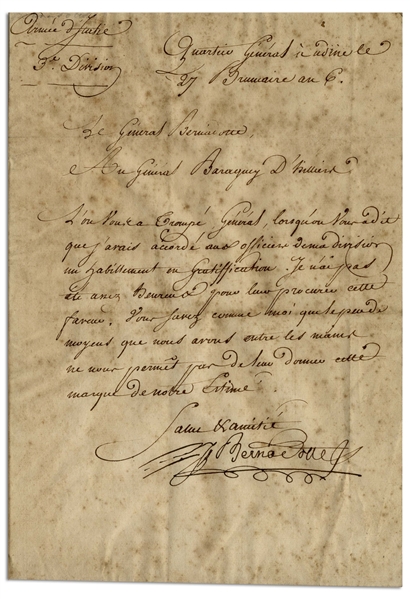 King Charles XIV John of Sweden Letter Signed as General During the Napoleonic Wars -- In 1797, He Writes French General Baraguey d'Hilliers That He Can't Afford to Give His Soldiers New Uniforms